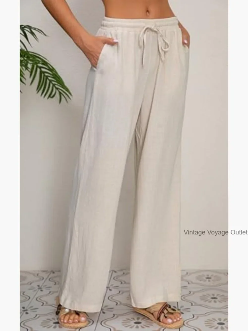 Cotton Linen Palazzo Pants Wide Leg Drawstring Waist Casual Lounge Trousers - Picture 3 of 6